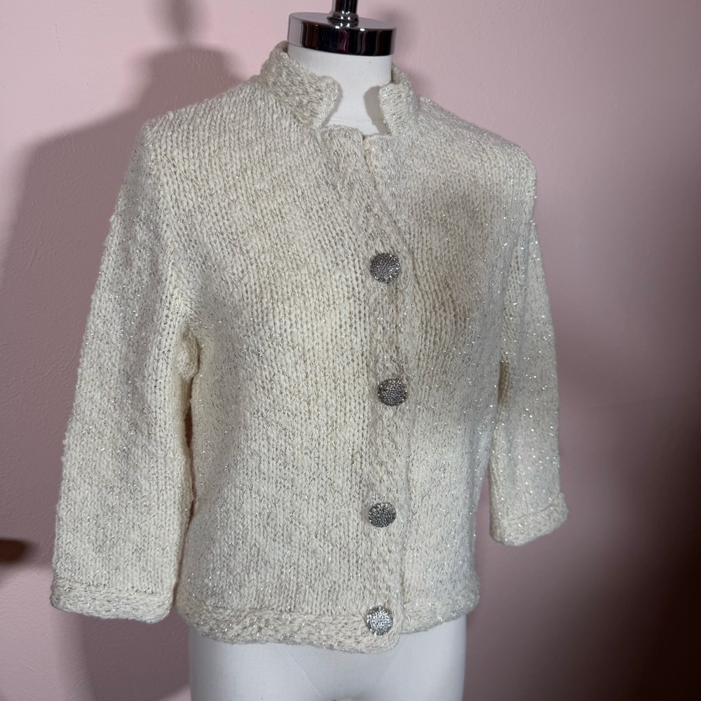 Vintage 1940 50 Retro Deco Cream wool Silver Metallic Cardigan sweater Jacket - Picture 1 of 17